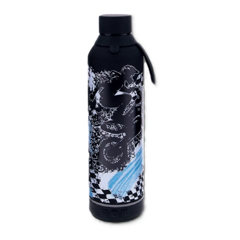 Borraccia termica nera con speaker bluetooth integrato sul fondo, decorata a tema motociclismo in acciaio inox doppia parete da 600 ml